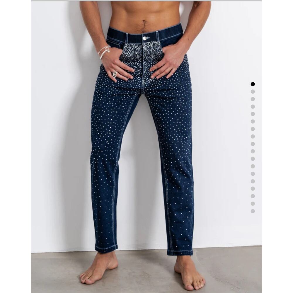 Orttu Ralph Jean Stones Jeans XXL Rhinestone Blue $195 Casual Rave Party Holiday